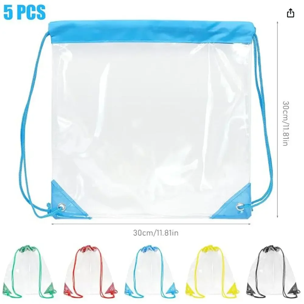 5 Pack Waterproof Clear Drawstring Bags, Stadium Bag, Travel Backpack, Bookbag
